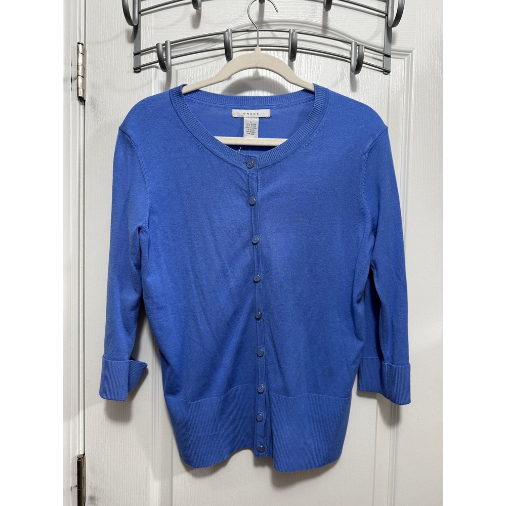GRACE Women's L Blue Crew Neck Button Front Cardigan Sweater‎ Classic Preppy NWT